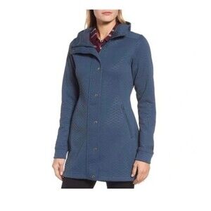 The north face Blue Long fleece jacket womens S small hooded quilted $120 Retail
